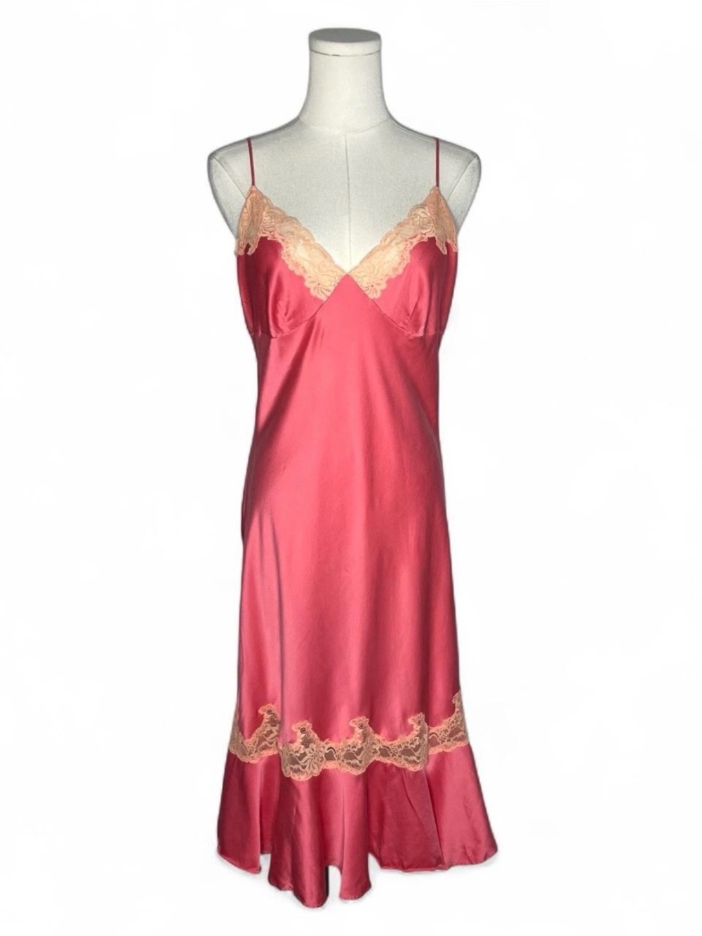 Vintage Victoria’s Secret Pink Lace Trim Ruffle Hem Silk Babydoll Slip Dress